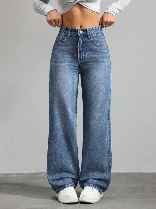 Nike Denim - Medium Wash Casual Women's Pocketed Wide Leg Loose Denim Pants